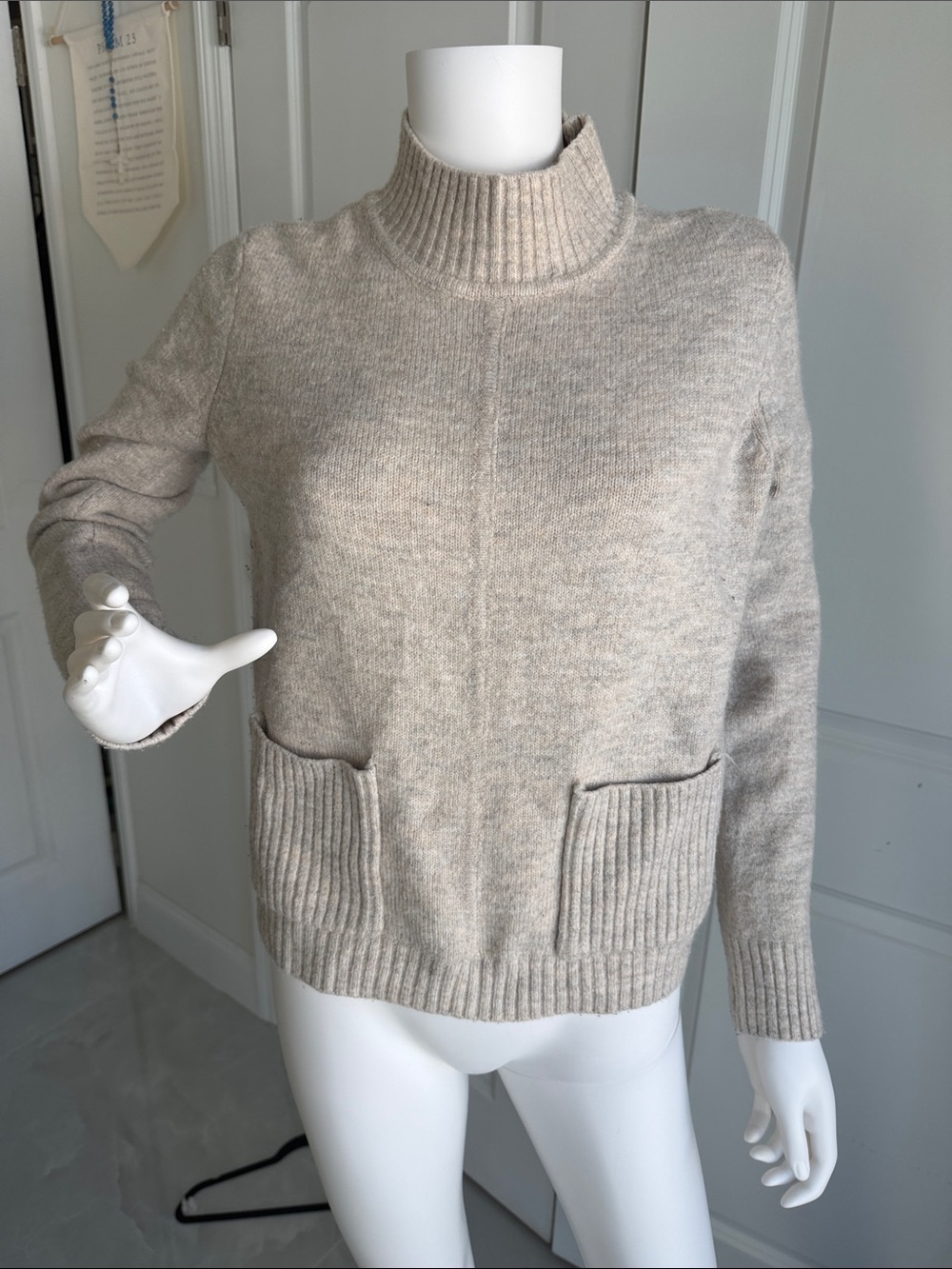 Marled- Cozy Mock Neck Pocket Sweater - Light Beige